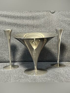 Set of 3 Vintage MCM Arthur Salm Nickel Chrome Candy Dish matching bud vases